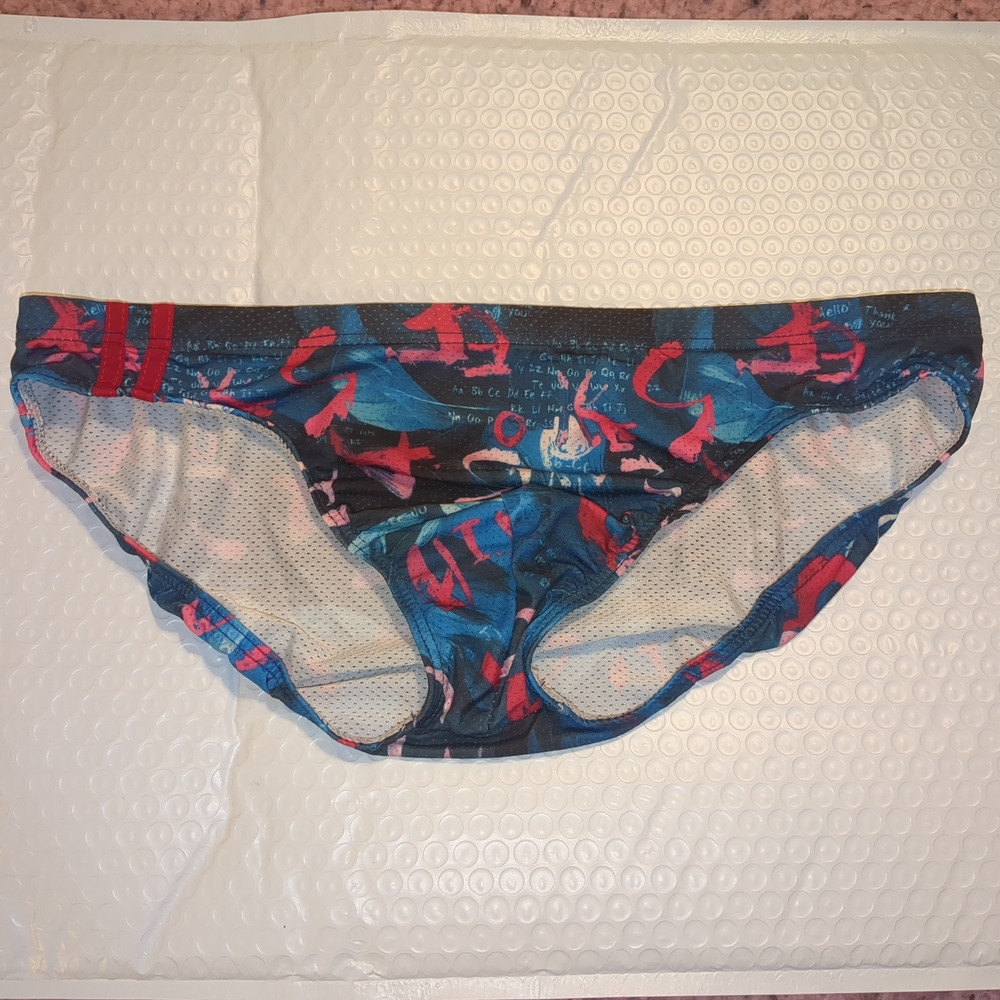 Unbrnaded Blue Multicolor Abstract Printed Nylon Mesh Bikini Briefs Size Large